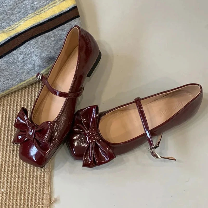 Cute Bowknot Square Toe Design Gold Women's Pumps Elegant Flat Mary Jane Shoes for Ladies Lolita Style Low Heeled Dress Heels