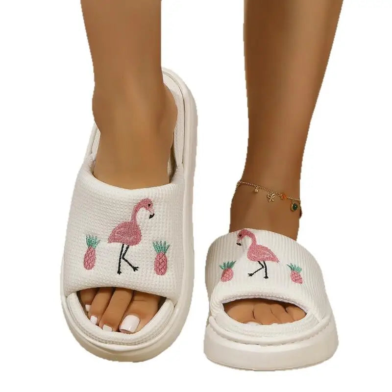 Flamingo Platform Women's Slippers House Hemp Spring Summer Designer Woman Shoes Indoor Slides Soft Thick Sole Non-Slip Floor