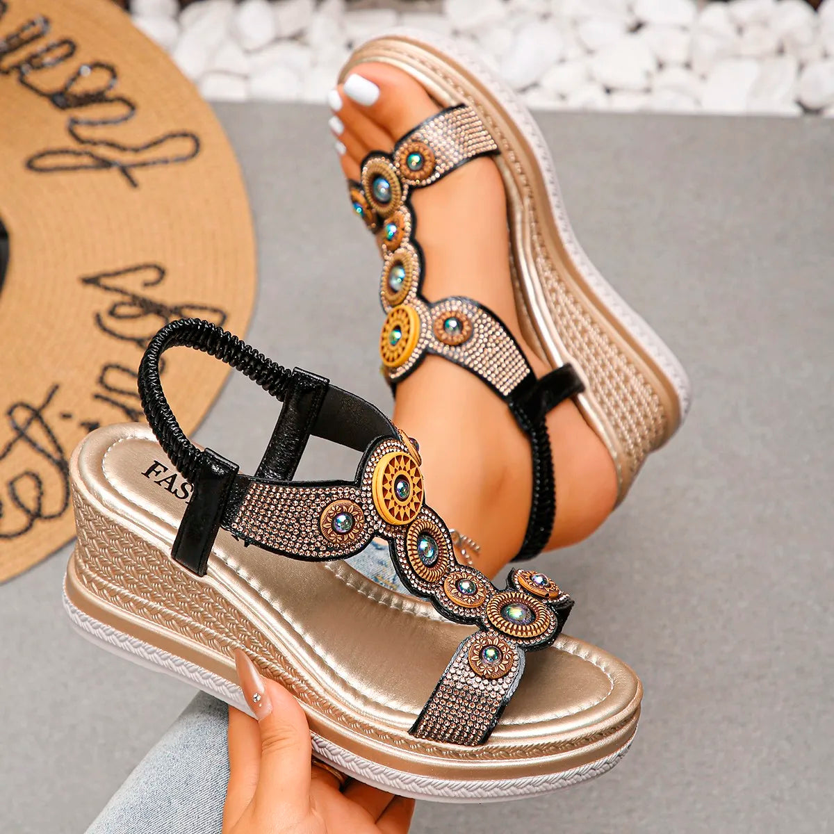 Women Sandals Summer Thick Sole Non Slip Beach Shoes Woman Bohemian Style Wedge Sandals Colorful Bead Chunky Platform Shoes