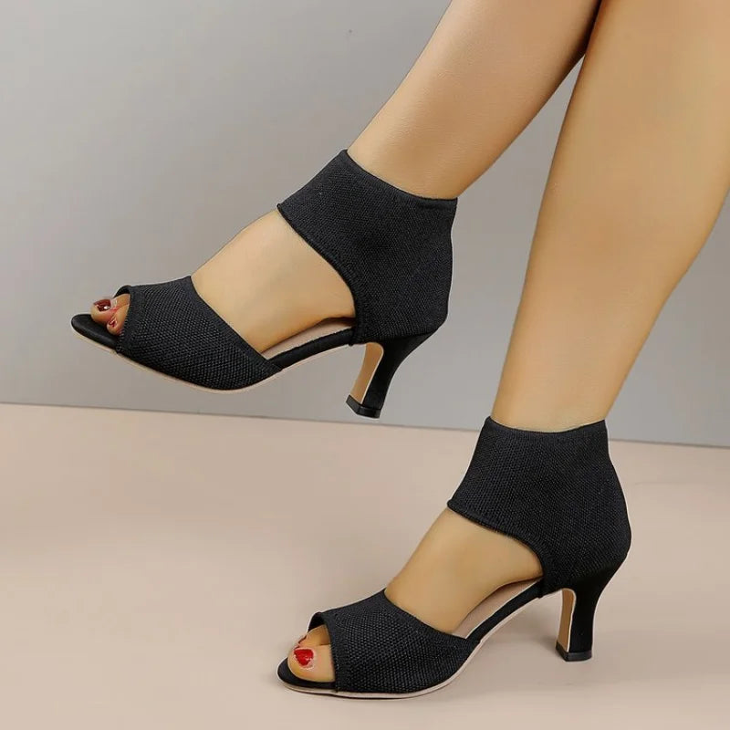Summer New Peep Toe High Heel Sandals, Knitted Block Heel Women Shoes, Elegant Versatile Slimming Office Casual Dress Pumps