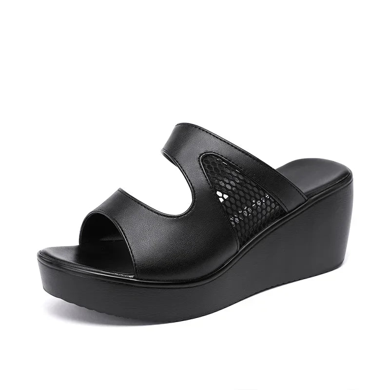 Plus Size 32-43 Platform Wedges Shoes Women Slippers Summer 2025 Cutout High Heels Slides Ladies Office Shoes Leather Slippers