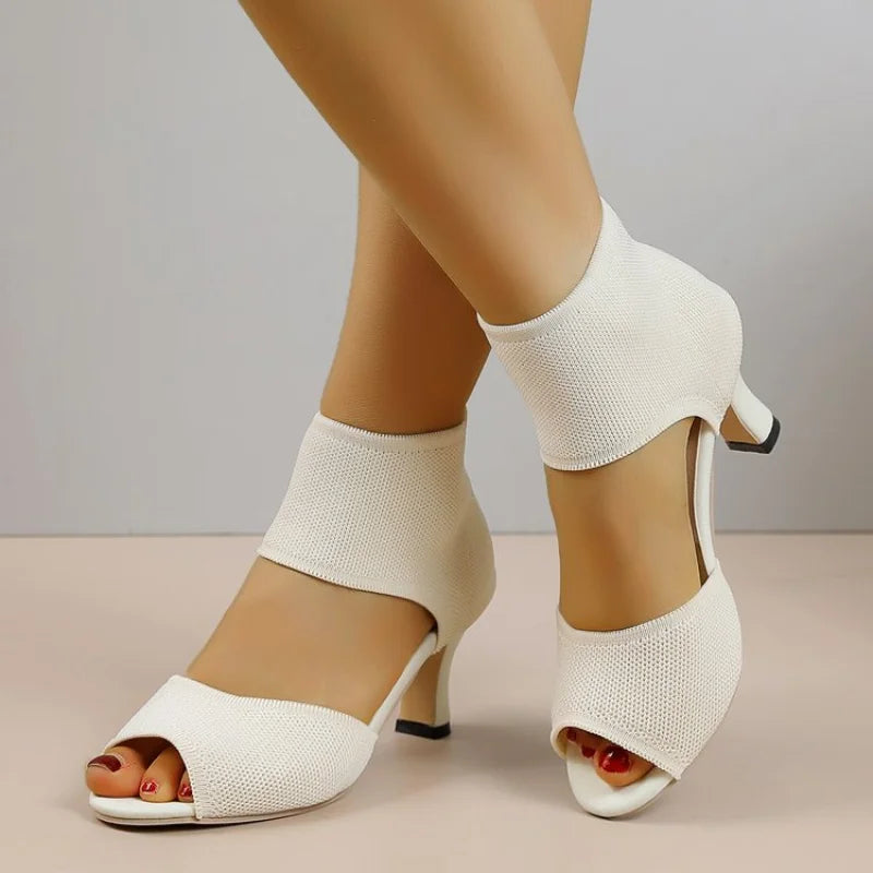 Summer New Peep Toe High Heel Sandals, Knitted Block Heel Women Shoes, Elegant Versatile Slimming Office Casual Dress Pumps