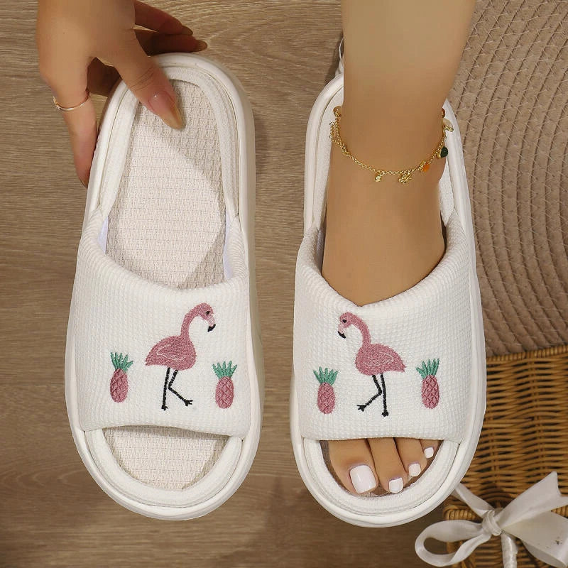 Flamingo Platform Women's Slippers House Hemp Spring Summer Designer Woman Shoes Indoor Slides Soft Thick Sole Non-Slip Floor