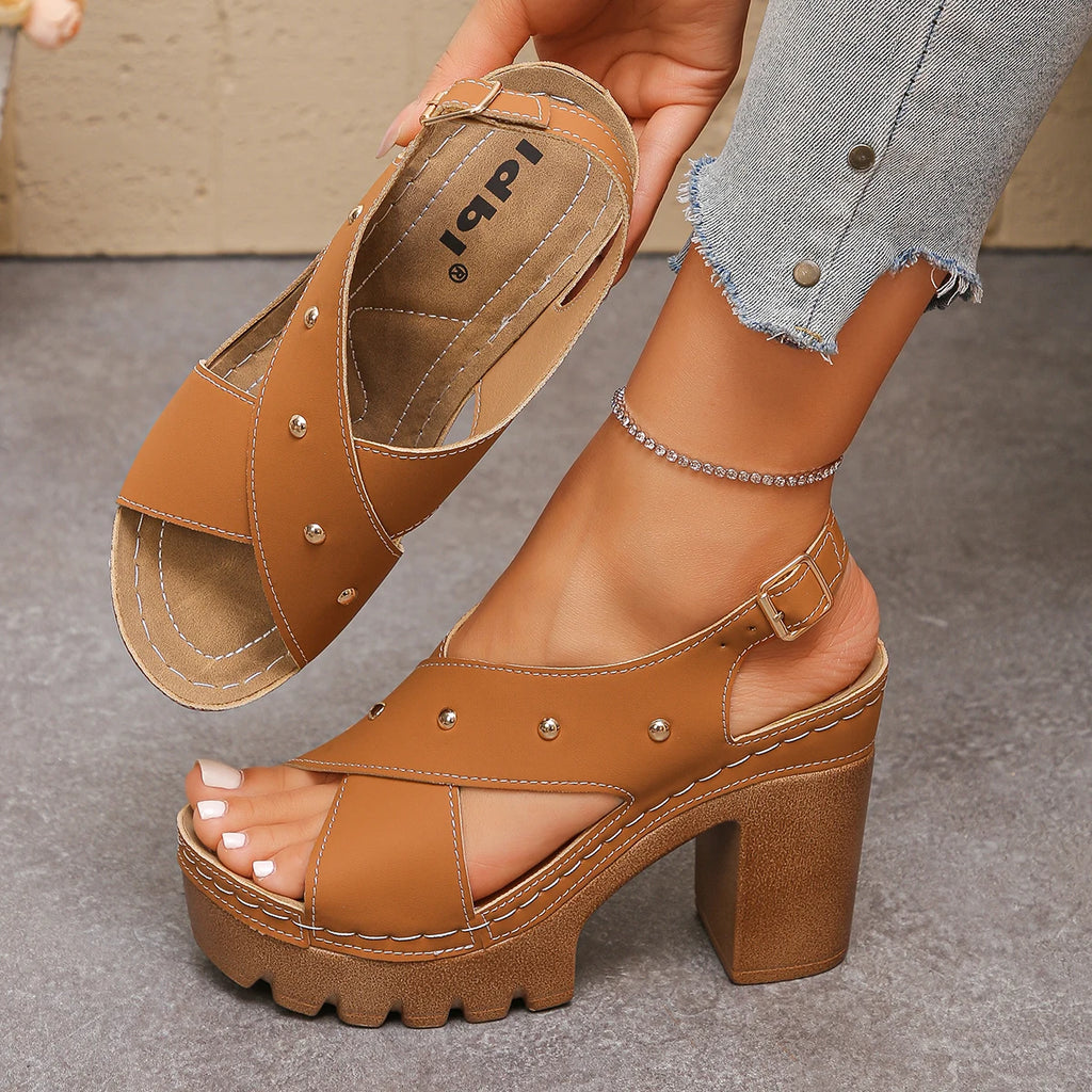 Vintage Super High Heel Cross Strap Gladiator Sandals Women Summer 2026 Metal Rivet Designer Ankle Strap Sandals Woman's Shoes