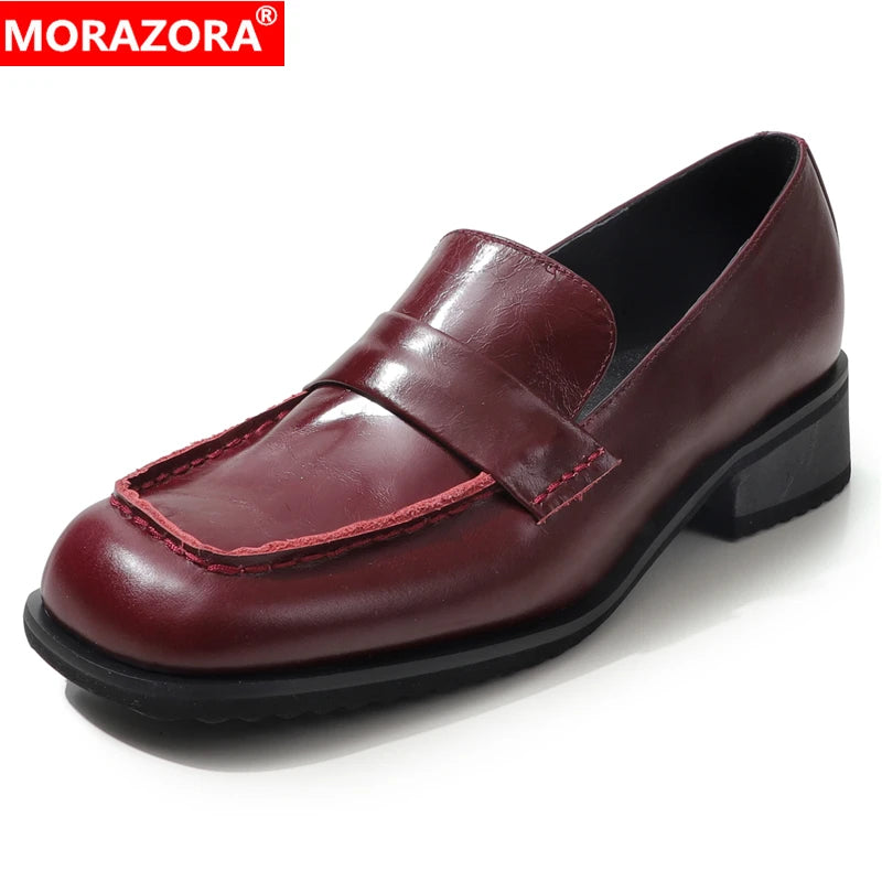 MORAZORA Genuine Leather Women Loafers Square Toe Square Low Heels Fashion Casual Daily Shoes Office Dress Ladies Shoes