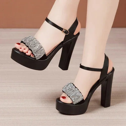 8 10 13cm Small Size 32-43 Elegant Black Rhinestone Block High Heels Sandals Summer 2026 Platform Shoes Women for Office Model