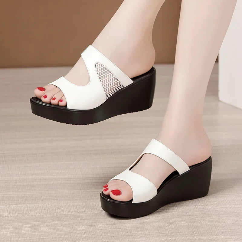 Plus Size 32-43 Platform Wedges Shoes Women Slippers Summer 2025 Cutout High Heels Slides Ladies Office Shoes Leather Slippers