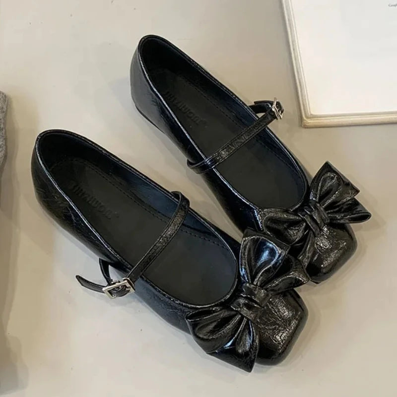 Cute Bowknot Square Toe Design Gold Women's Pumps Elegant Flat Mary Jane Shoes for Ladies Lolita Style Low Heeled Dress Heels
