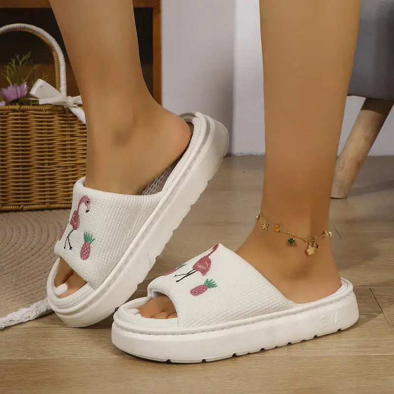 Flamingo Platform Women's Slippers House Hemp Spring Summer Designer Woman Shoes Indoor Slides Soft Thick Sole Non-Slip Floor