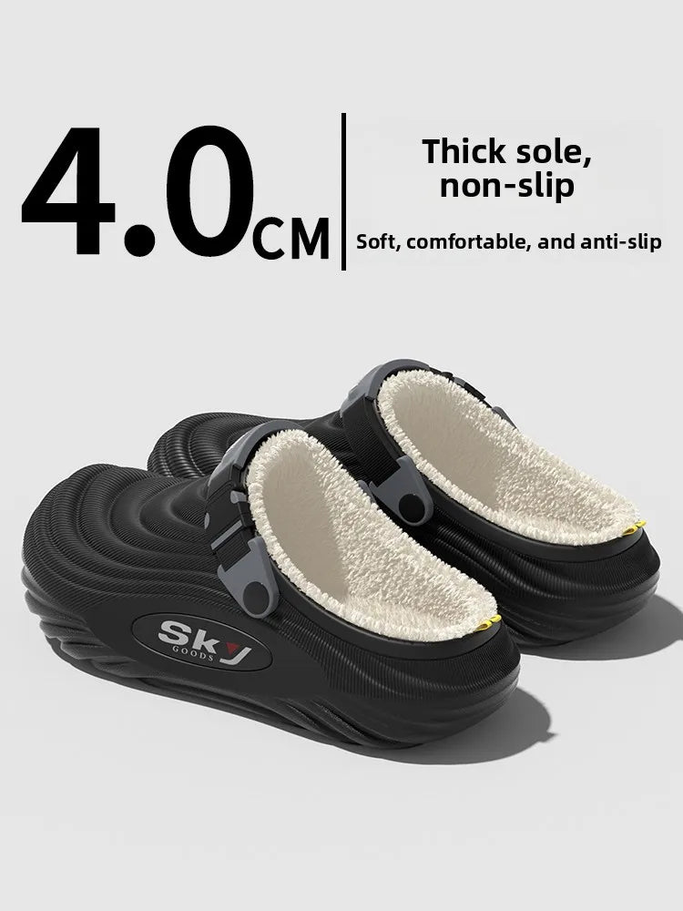 Men's Cotton Slippers Indoor Home Waterproof Warm Anti-slip Winter Outdoor Wearable Fashion Striped Home Shoes Low Heel