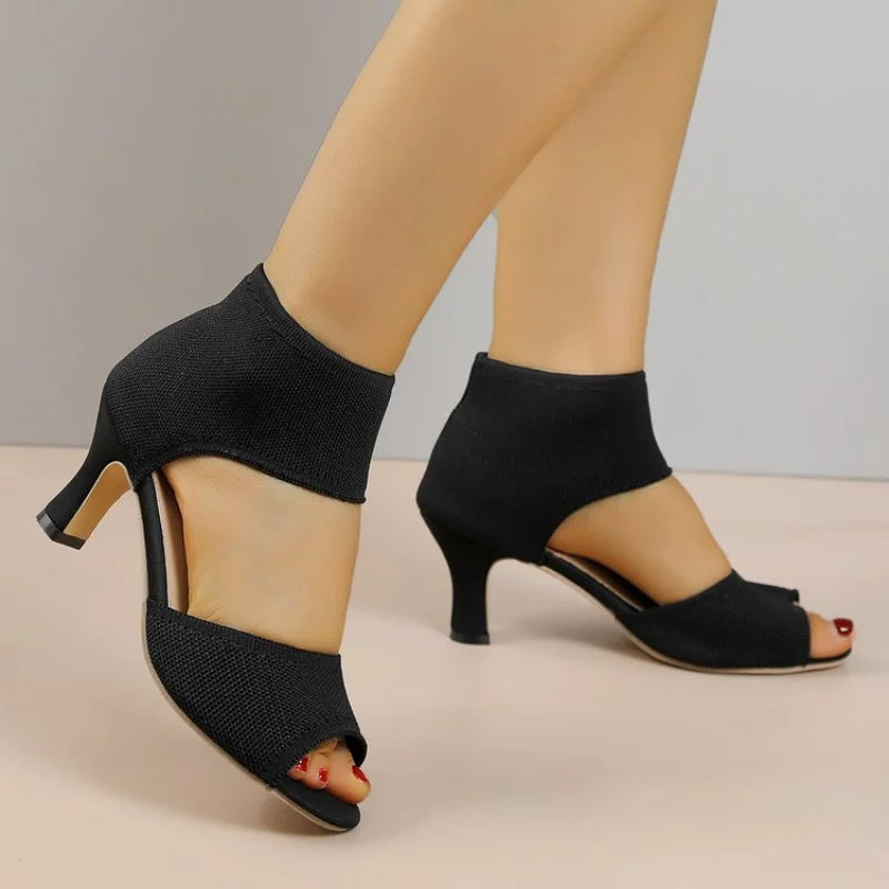 Summer New Peep Toe High Heel Sandals, Knitted Block Heel Women Shoes, Elegant Versatile Slimming Office Casual Dress Pumps