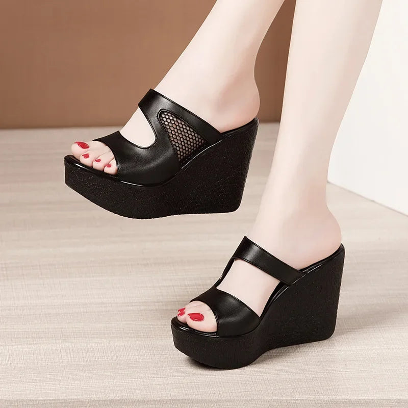 Plus Size 32-43 Platform Wedges Shoes Women Slippers Summer 2025 Cutout High Heels Slides Ladies Office Shoes Leather Slippers