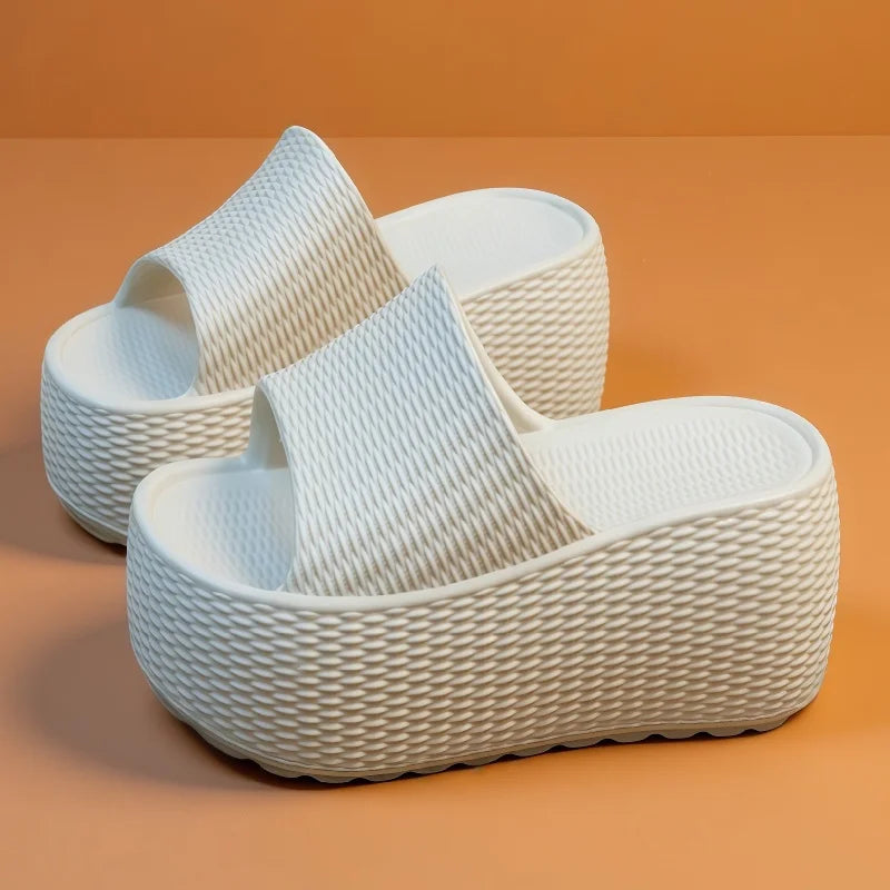 New Textured Weave Platform Slides Women's Thick Sole Wedge Slippers Comfy Open Toe Non Slip Beach Shoes Summer Outdoor Sliper