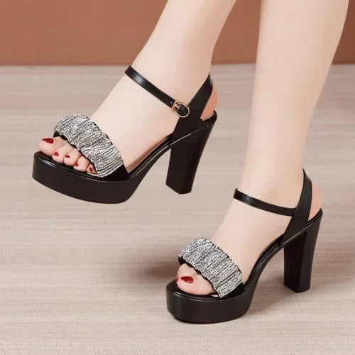 8 10 13cm Small Size 32-43 Elegant Black Rhinestone Block High Heels Sandals Summer 2026 Platform Shoes Women for Office Model