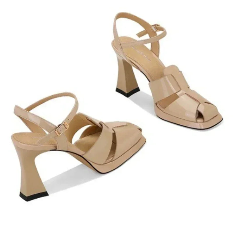 Women's High Heel Sandals Fashion Patent Leather Roman Sandals Sexy Hollow Out High Heels for Woman Designer Shoes Zapatos Mujer
