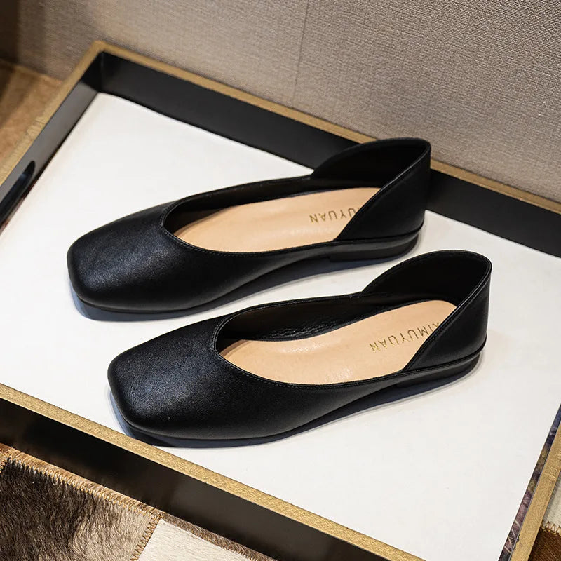Square toe leather patchwork flat shoes woman slip on lazy shoes shallow mouth cozy mocasines women working shoes