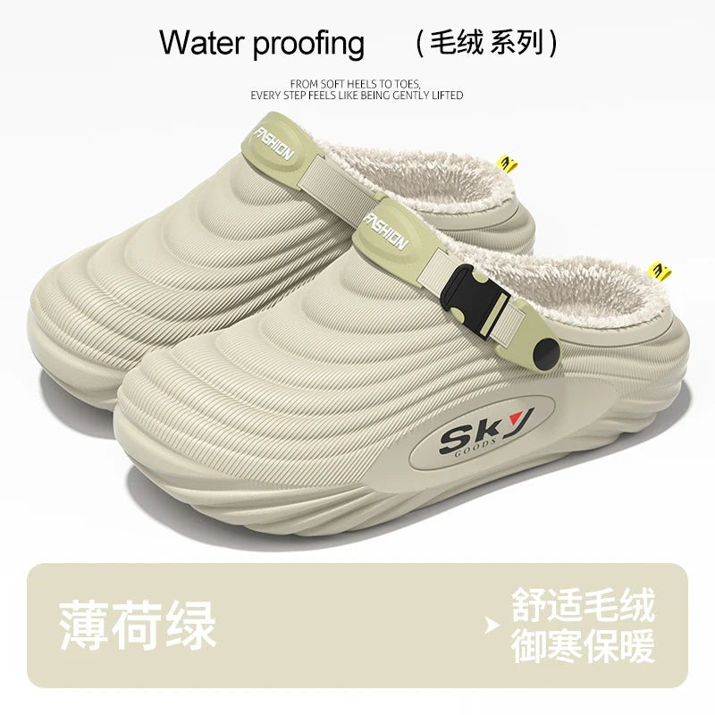 Men's Cotton Slippers Indoor Home Waterproof Warm Anti-slip Winter Outdoor Wearable Fashion Striped Home Shoes Low Heel