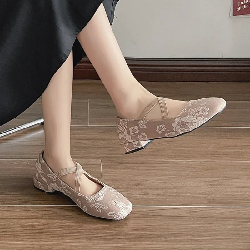 Summer Shoes Ladies Square Toe Female Footwear Casual Sneaker Shallow Mouth Autumn 2025 Retro Dress Fall New Flat Elastic Band
