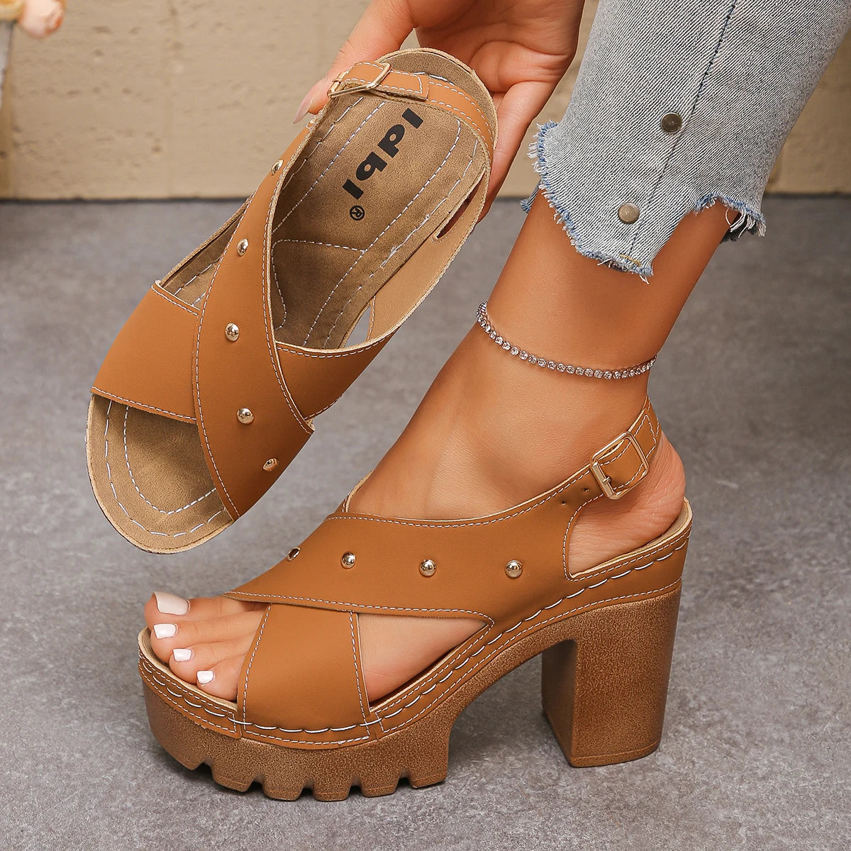 Vintage Super High Heel Cross Strap Gladiator Sandals Women Summer 2026 Metal Rivet Designer Ankle Strap Sandals Woman's Shoes