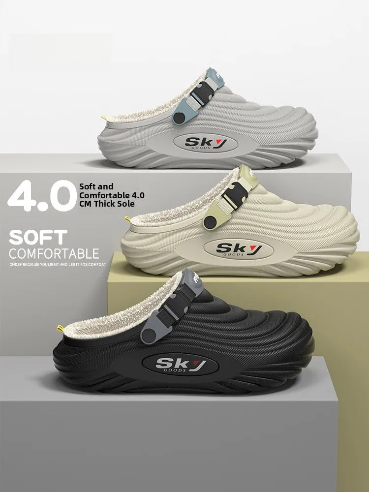 Men's Cotton Slippers Indoor Home Waterproof Warm Anti-slip Winter Outdoor Wearable Fashion Striped Home Shoes Low Heel
