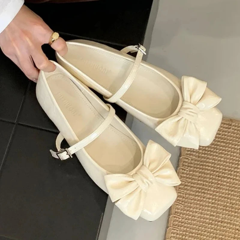 Cute Bowknot Square Toe Design Gold Women's Pumps Elegant Flat Mary Jane Shoes for Ladies Lolita Style Low Heeled Dress Heels