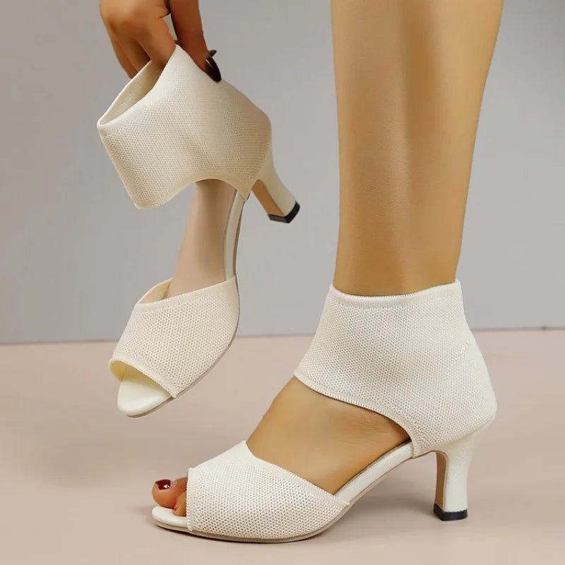 Summer New Peep Toe High Heel Sandals, Knitted Block Heel Women Shoes, Elegant Versatile Slimming Office Casual Dress Pumps