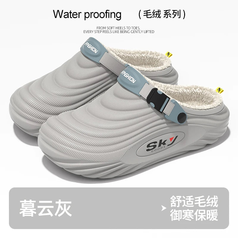 Men's Cotton Slippers Indoor Home Waterproof Warm Anti-slip Winter Outdoor Wearable Fashion Striped Home Shoes Low Heel
