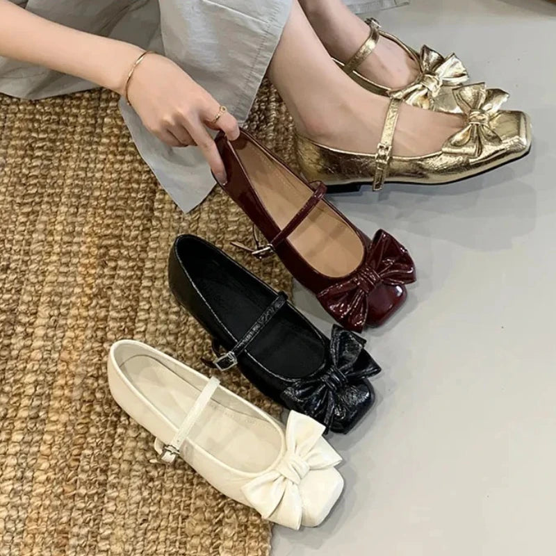 Cute Bowknot Square Toe Design Gold Women's Pumps Elegant Flat Mary Jane Shoes for Ladies Lolita Style Low Heeled Dress Heels