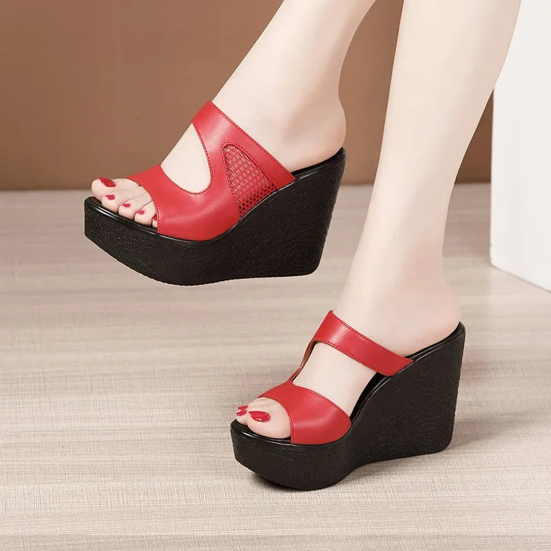 Plus Size 32-43 Platform Wedges Shoes Women Slippers Summer 2025 Cutout High Heels Slides Ladies Office Shoes Leather Slippers