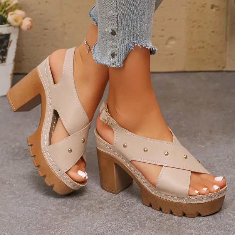 Vintage Super High Heel Cross Strap Gladiator Sandals Women Summer 2026 Metal Rivet Designer Ankle Strap Sandals Woman's Shoes
