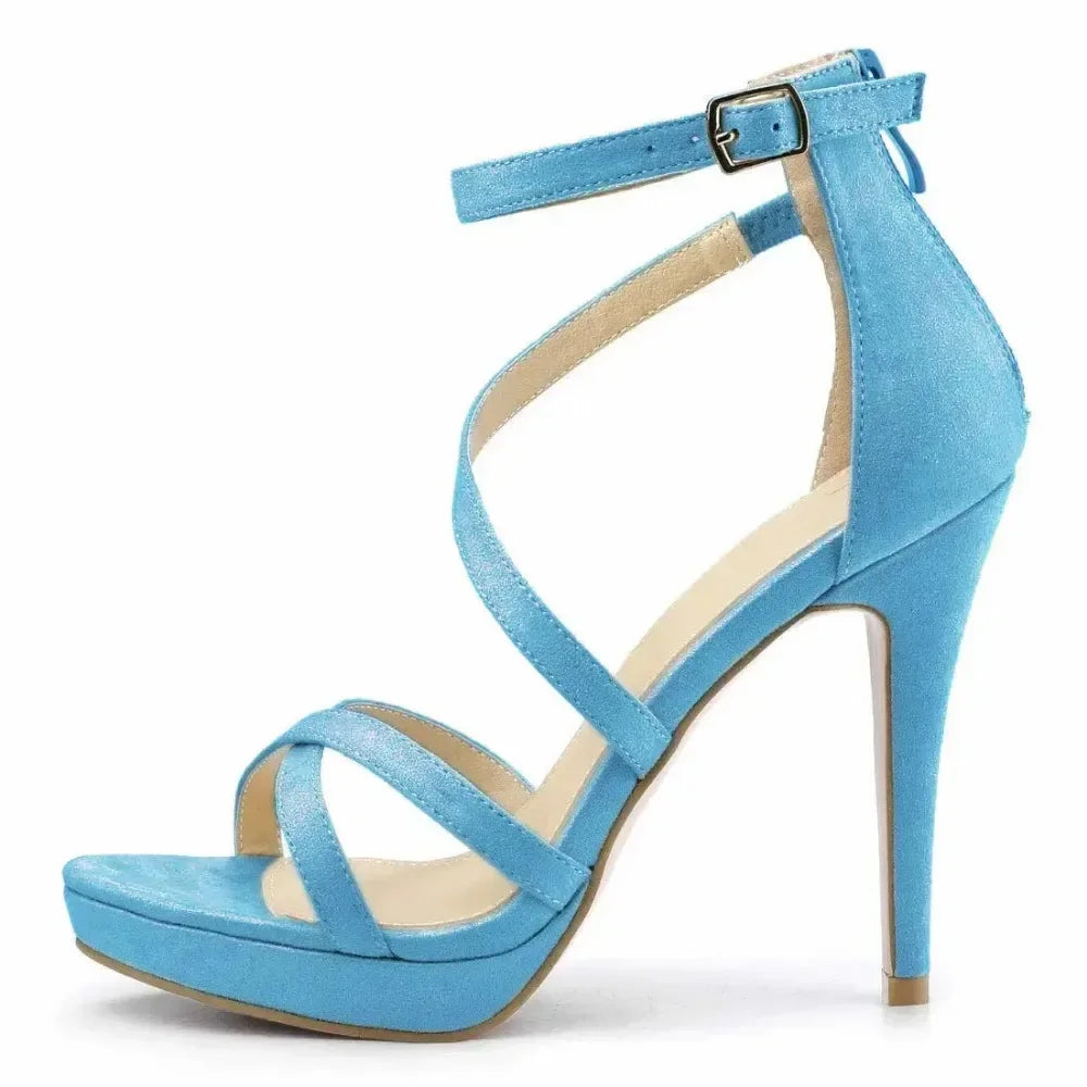Women Sandals Summer Sexy Pumps 11cm Velvet Open Toe Ankle Strap Stiletto Strappy High Heels Nightclub Party Wedding Dress Shoes