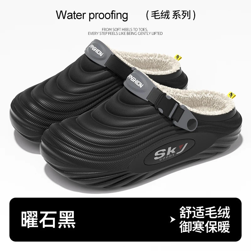Men's Cotton Slippers Indoor Home Waterproof Warm Anti-slip Winter Outdoor Wearable Fashion Striped Home Shoes Low Heel