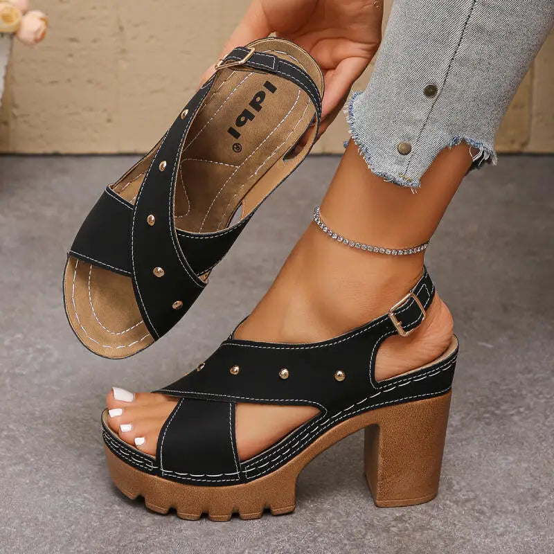 Vintage Super High Heel Cross Strap Gladiator Sandals Women Summer 2026 Metal Rivet Designer Ankle Strap Sandals Woman's Shoes