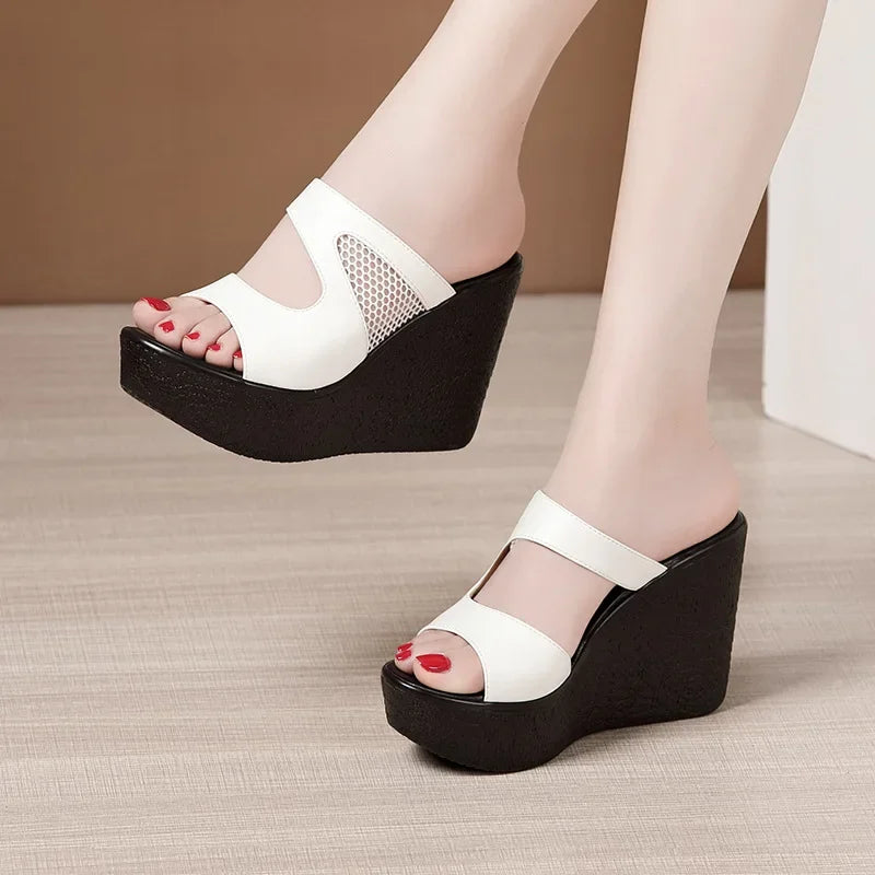 Plus Size 32-43 Platform Wedges Shoes Women Slippers Summer 2025 Cutout High Heels Slides Ladies Office Shoes Leather Slippers