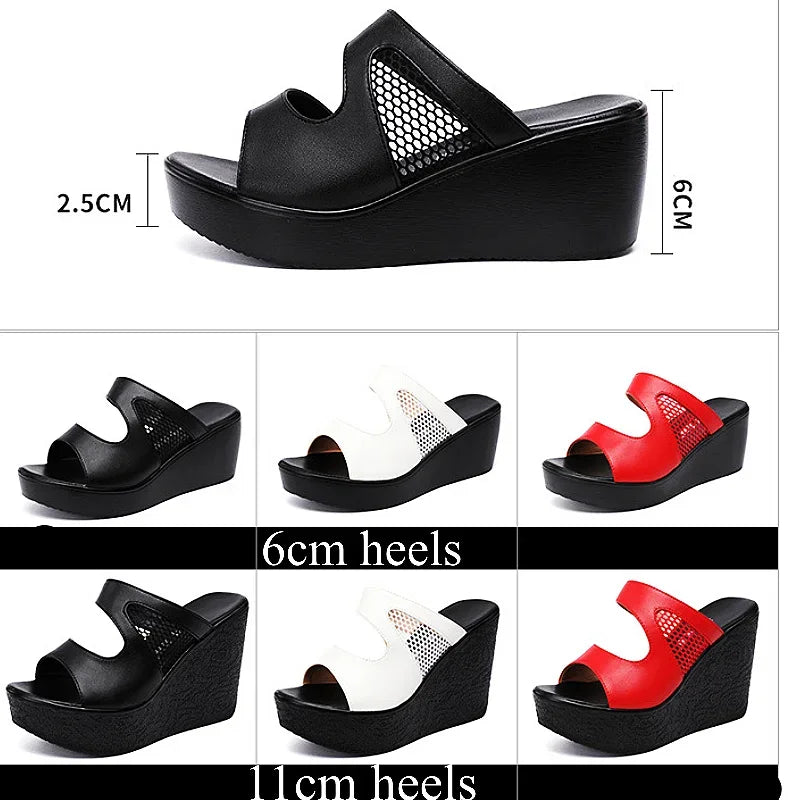 Plus Size 32-43 Platform Wedges Shoes Women Slippers Summer 2025 Cutout High Heels Slides Ladies Office Shoes Leather Slippers