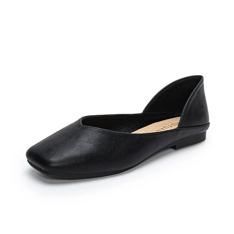 Square toe leather patchwork flat shoes woman slip on lazy shoes shallow mouth cozy mocasines women working shoes