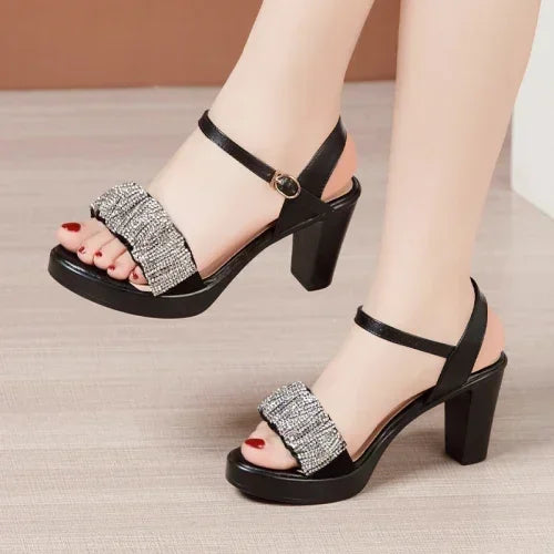 8 10 13cm Small Size 32-43 Elegant Black Rhinestone Block High Heels Sandals Summer 2026 Platform Shoes Women for Office Model