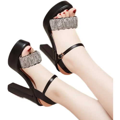 8 10 13cm Small Size 32-43 Elegant Black Rhinestone Block High Heels Sandals Summer 2026 Platform Shoes Women for Office Model