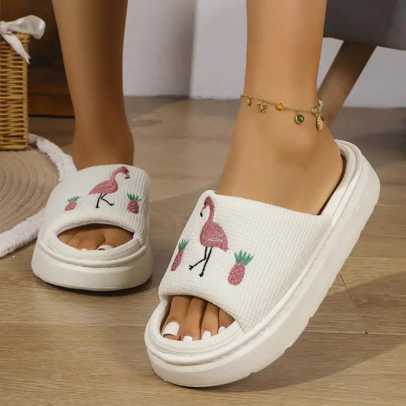 Flamingo Platform Women's Slippers House Hemp Spring Summer Designer Woman Shoes Indoor Slides Soft Thick Sole Non-Slip Floor
