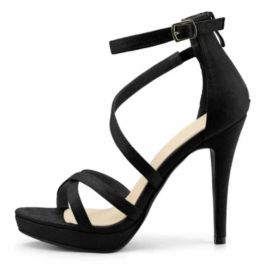 Women Sandals Summer Sexy Pumps 11cm Velvet Open Toe Ankle Strap Stiletto Strappy High Heels Nightclub Party Wedding Dress Shoes
