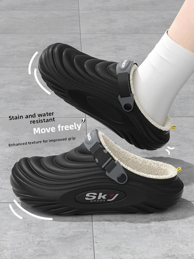 Men's Cotton Slippers Indoor Home Waterproof Warm Anti-slip Winter Outdoor Wearable Fashion Striped Home Shoes Low Heel