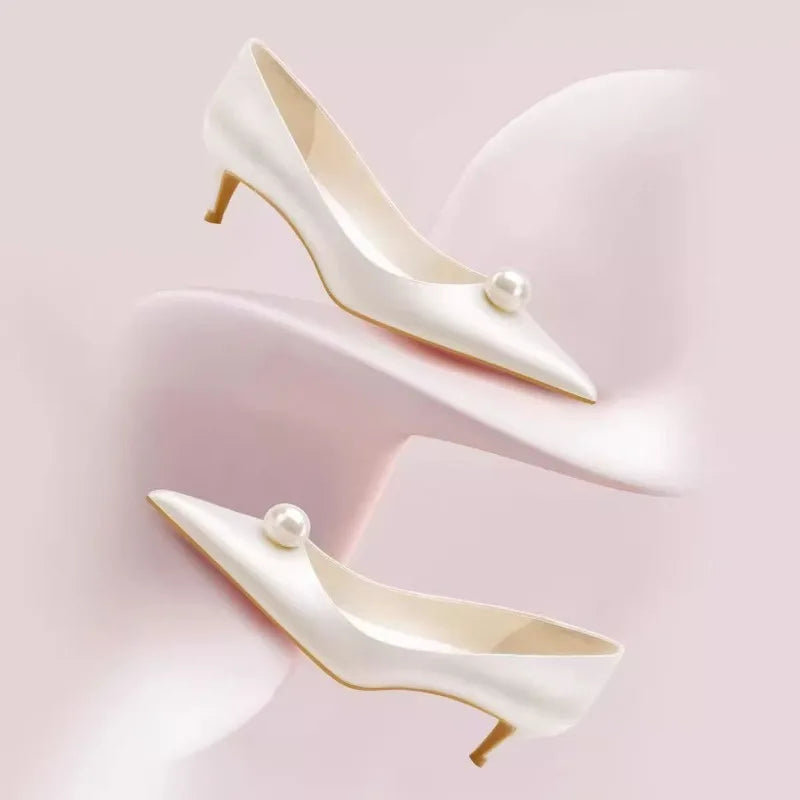 2026 New Luxury Designer White Satin Wedding Bridal Shoes Pearl High Heels Daily Fashion High Heels