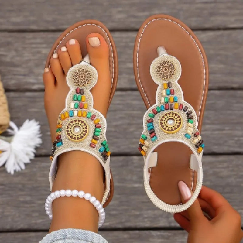 Bohemian Style Women Flat Sandals Clip Toe Gladiator Sandals Woman Retro Summer Casual Beach Shoes Women Anti Slip Flip Flops