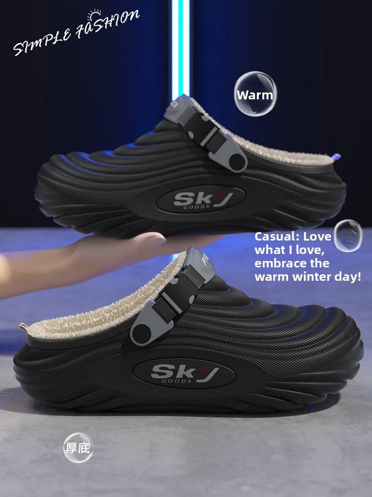 Men's Cotton Slippers Indoor Home Waterproof Warm Anti-slip Winter Outdoor Wearable Fashion Striped Home Shoes Low Heel