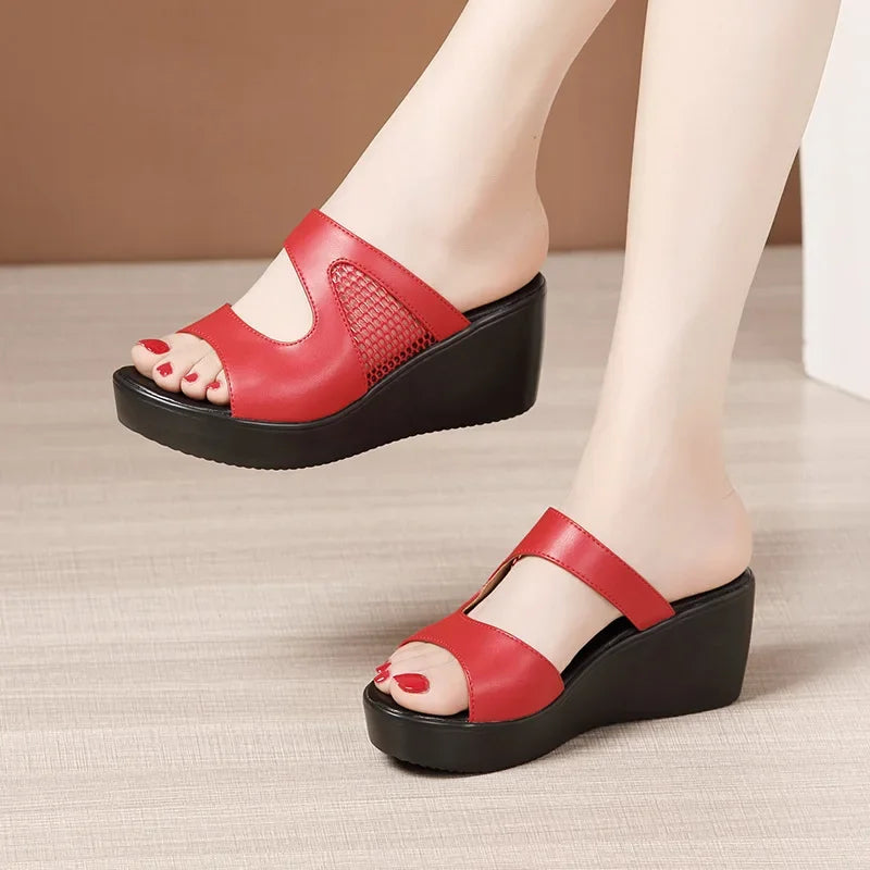 Plus Size 32-43 Platform Wedges Shoes Women Slippers Summer 2025 Cutout High Heels Slides Ladies Office Shoes Leather Slippers