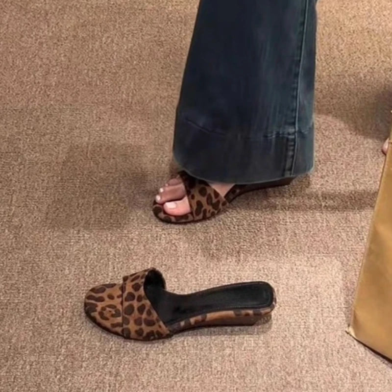 Vintage Summer Leopard Print Women Slippers Fashion Open Toe Wedges Heel Slide Ladies Casual Beach Dress Gladiator Sandalias