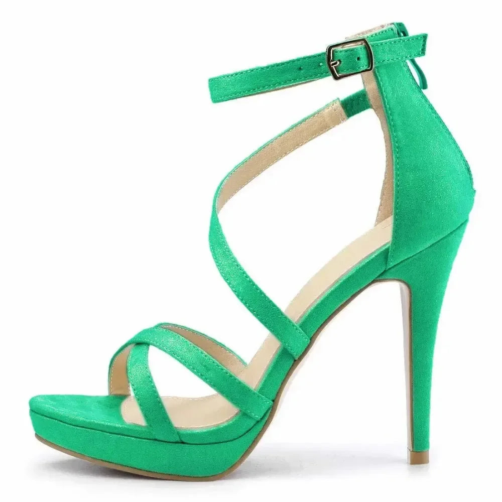 Women Sandals Summer Sexy Pumps 11cm Velvet Open Toe Ankle Strap Stiletto Strappy High Heels Nightclub Party Wedding Dress Shoes