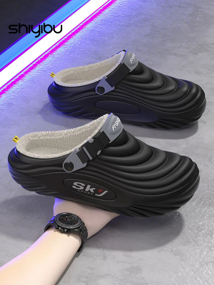 Men's Cotton Slippers Indoor Home Waterproof Warm Anti-slip Winter Outdoor Wearable Fashion Striped Home Shoes Low Heel