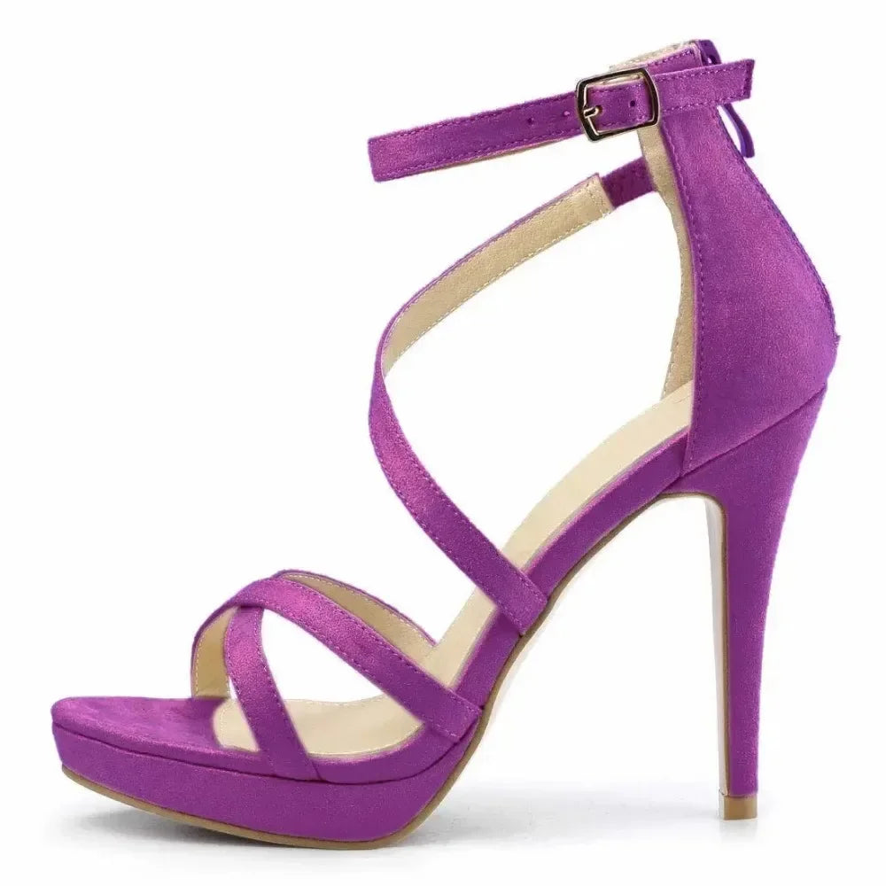 Women Sandals Summer Sexy Pumps 11cm Velvet Open Toe Ankle Strap Stiletto Strappy High Heels Nightclub Party Wedding Dress Shoes