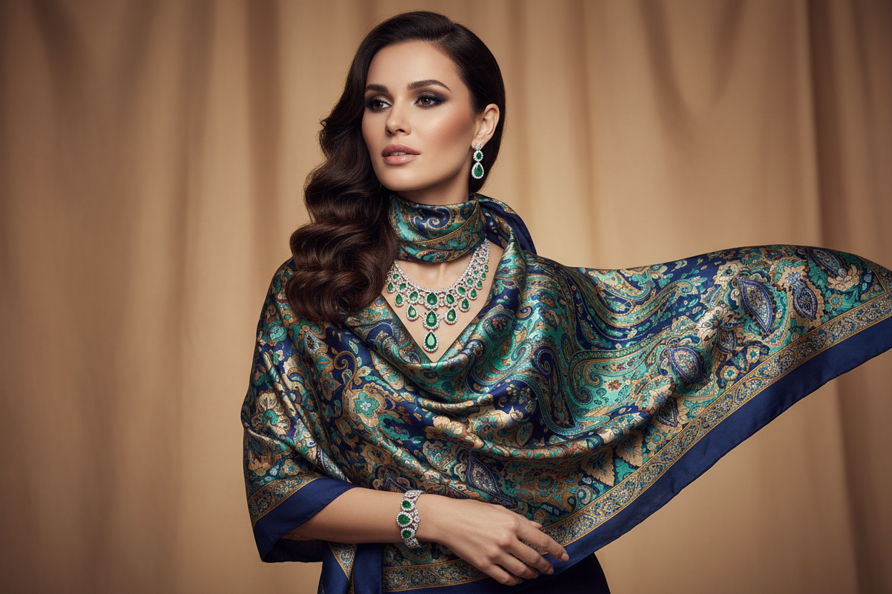 design a lady with jewellery set and a scaff rap arond her 